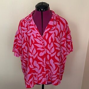 a new day Pink and Red Leaf Print Button Down Shirt